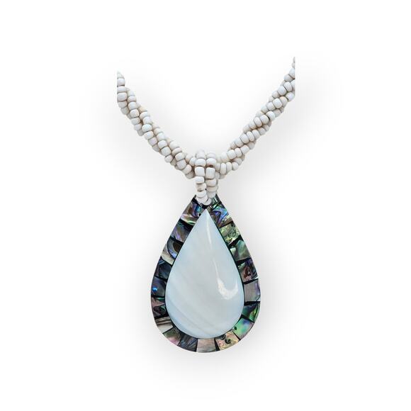 Boho Abalone Mosaic Teardrop Pendant Necklace – White Beaded Rope - Picture 9 of 10